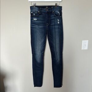 7 for All Mankind High Waist Skinny Jeans Sz 26 EUC Lightly Distressed Med Wash